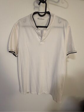 Sandro White Short-Sleeve Henley Polo with Black Trim